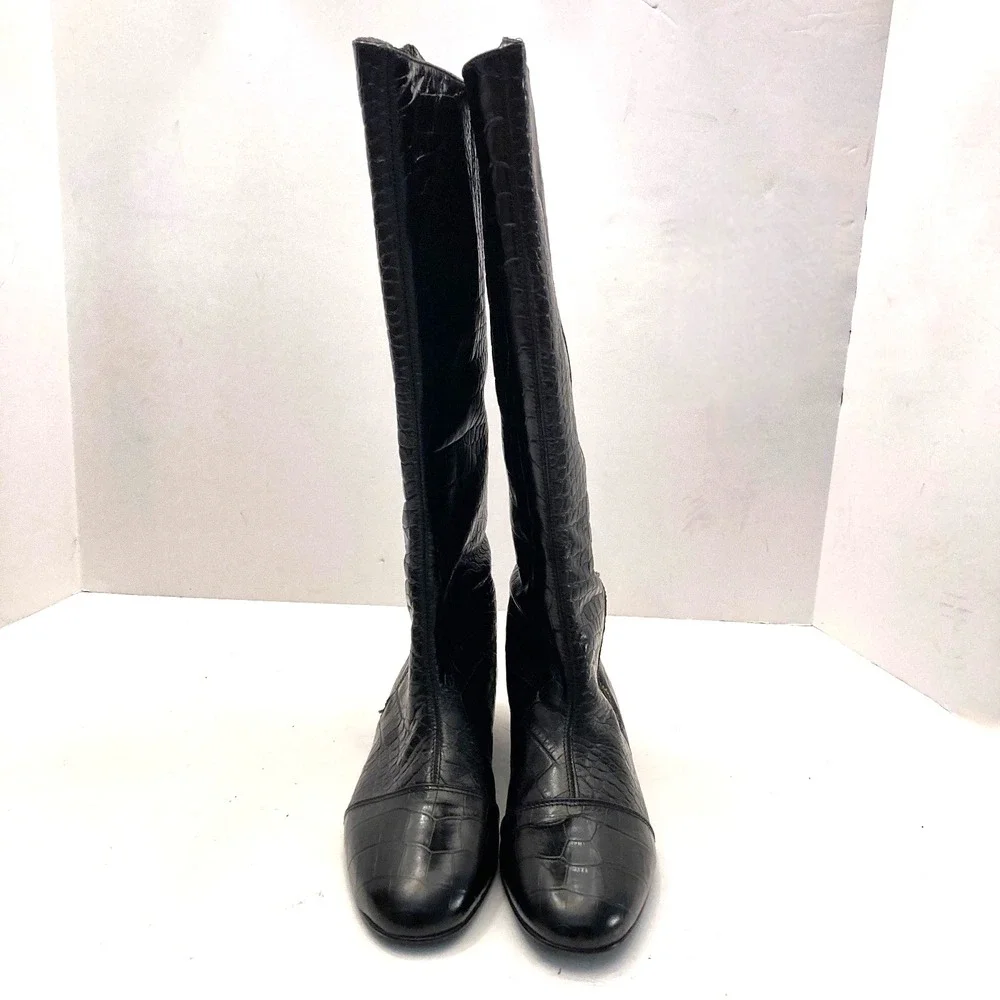 Migliorini Italian‎ Leather Boots Tall Croc Embossed Black Leather Womens 7.5 M